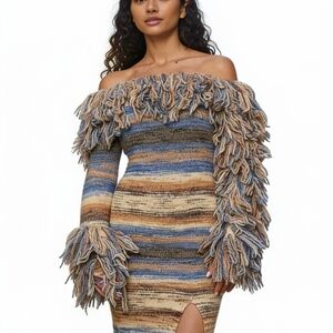 Chic One-Shoulder Knit Dress in Blue and Brown